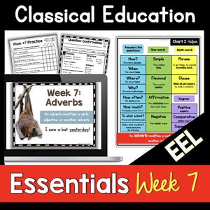 Könnte beinhalten: Ein Laptop zeigt eine Lektion über Adverbien mit einer Fledermaus-Illustration und dem Text "I saw a bat yesterday!". Arbeitsblätter und eine Tabelle erklären Grammatikkonzepte. Der Titel lautet "Classical Education" und "Essentials Week 7".
