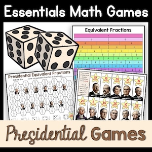 May include: A set of educational games for kids featuring a presidential theme. The games include a board game with a hexagonal grid and a dice, a chart with equivalent fractions, and cards with presidents and points. The games are designed to help children learn about fractions and US history.