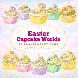 Puede incluir: Ilustración en acuarela de diez cupcakes con temática de Pascua, con glaseado pastel y adornos decorativos. Cada cupcake tiene un diseño diferente, incluyendo huevos, conejitos y casas en miniatura. La imagen incluye el texto "Easter Cupcake Worlds" y "10 PNG transparentes".