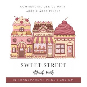 Può includere: Un'illustrazione stravagante di una strada dolce con tre edifici progettati come dessert. Gli edifici sono rosa, marroni e gialli, con dettagli di cupcake e torte. Il testo "CUPCAKE CAFE" è visibile. L'immagine è etichettata "SWEET STREET clipart pack".