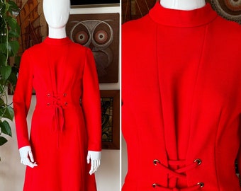 60s Vintage ALISON AYRES Original MOD Red Orange Lace Up Waist Long Sleeve Shift Dress Size Medium