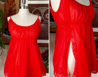 70s Vintage Sheer Red Lace Empire Waist Peekaboo Babydoll Nightie Size Small