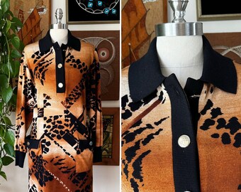 Vintage LEONARD PARIS Brown and Black Leopard Print Merino Wool Long Sleeve Sweater Dress Mob Wife Esthetic Size Medium to Large