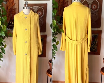 60s Vintage LUCIE ANN Beverly Hills Yellow Crepe Lightweight Full Length Coat or Dress Robe, Size Medium to Large