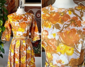 50s 60s Vintage Yellow and Orange Floral Fit and Flare Rhinestone Belted Dress Size Small