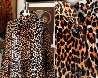 70s Vintage Leopard Faux Fur A-line Car Coat Size Medium