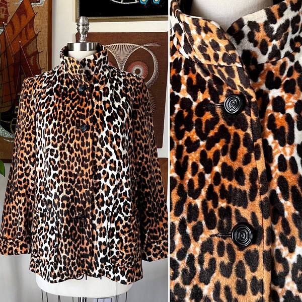 70s Vintage Leopard Faux Fur A-line Car Coat Size Medium