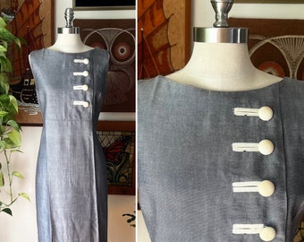 60s Vintage NWOT Gray and White Button Sleeveless Shift Dress, Size Medium to Large