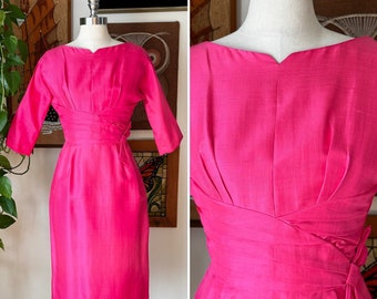 50 Vintage UNION MADE Hot Pink Silk Sheath Cocktail Dress Barbie Dres Size XS