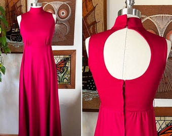 70s Vintage LORRIE DEB Cranberry Red Mock Neck Sleeveless Maxi Cut Out Backless Dress Size XS to Small