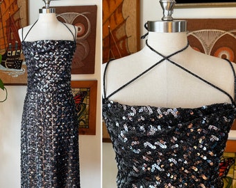 70s Vintage DISCO Silver and Gray Sequin Cocktail Dress Bombshell Dress Size Large