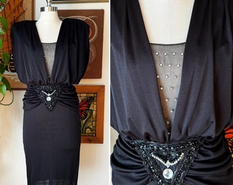 80s Vintage CLIMAX for David Howard Karen Okada Black Bejeweled Rhinestone Two Piece Dress Size XS