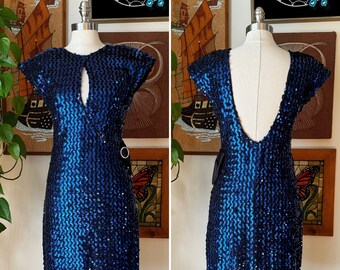 80s Vintage Blue Sequin Cocktail Dress Backless Glam Disco Dress Size Small to Medium