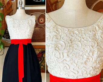 50s 60s Vintage UNION MADE Cream Lace Red Belt Black Skirt Fit and Flare Cocktail Dress Mad Men VLV Pin Up Size xs