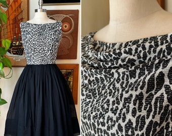 50s 60s Vintage JONNY HERBERT Original Black and White Leopard Lurex Fit and Flare Cocktail Dress Mad Men VLV Pin Up Size xs