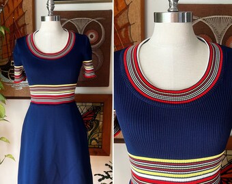 70s Vintage Navy, Red and Yellow Striped Ribbed Knit Dress, Size XS