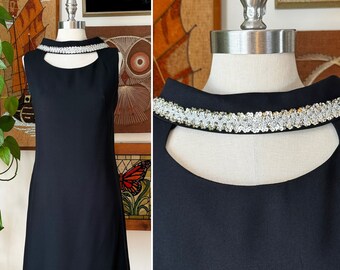 60s Vintage MOD Black and Silver Sequin Cut Out Bust Shift Cocktail Dress Size Medium