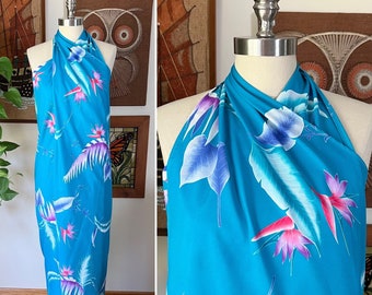 80s Vintage ANDRADE Teal Floral Birds of Paradise Print Maxi Sarong, Swimsuit Coverup, Pareo Wrap, One Size