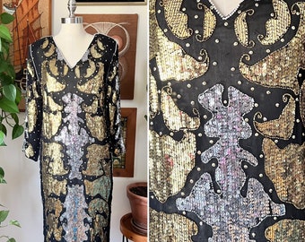 80s Vintage RINA Z. Black, Gold and Silver Sequin Abstract Long Sleeve Evening Dress, Cocktail Dress, Formal Dress, Size Small to Medium
