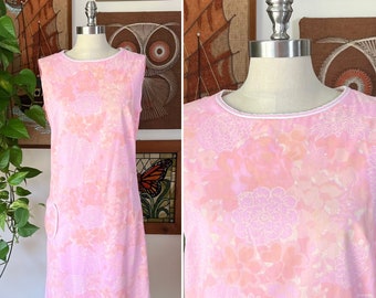 60s Vintage M/L Miami Pink Floral Sleeveless Shift Dress, Lilly Pulitzer Style, Size Large