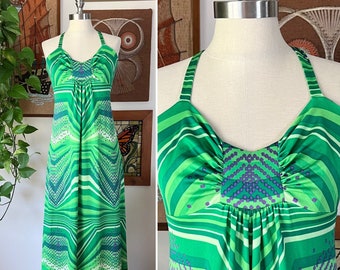 70s Vintage TORI RICHARD Honolulu Green and Purple Geometric Opt Art Empire Waist Maxi Sun Dress, Size XS