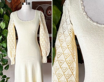 70s Vintage Pastel Yellow Crochet Sweater Dress with Blouson Sleeves, Size XS