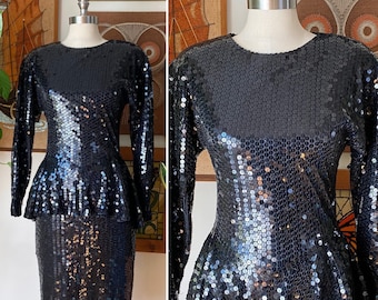 80s Vintage NITE LINE Black Sequin Long Sleeve Peplum Evening Dress, Glam Disco Dress Size XS to Small