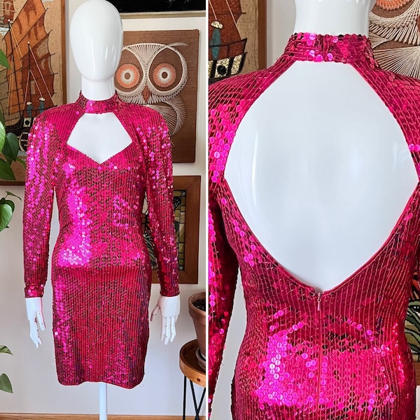80s Vintage NITE LINE Raspberry Hot Pink Sequin Cut Out Long Sleeve Backless Mini Dress, Disco Dress, Prom Dress, Club Dress, Size XS