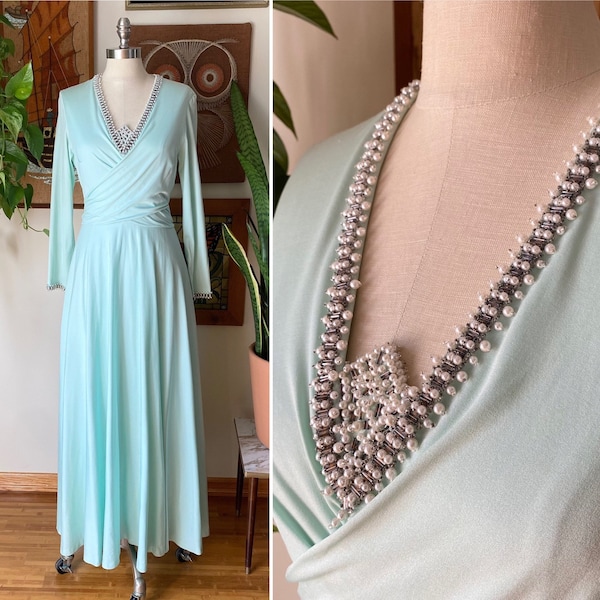 70s Vintage VICTORIA ROYAL Ltd. Mint Green Pearl Beaded Wrap Maxi Dress Hostess Dress As-Is Size Small