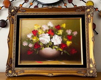Victorian Style Rose Vase Oil Painting with Velvet Gold Gilded Frame, 18 x 22