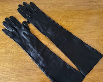 Vintage Long Black Leather Elbow Length Gloves, Size XS to Small