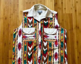 80s Vintage SORREL International Cream and Multicolor Ikat Print Sleeveless Western Shirt, Size XL