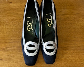 60s Vintage Mod GIGI Import Made in Spain Black and Silver Circle Pumps Size 6 to 6-1/2 Narrow