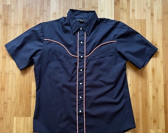 70s 80s Vintage BORDER TOWN Black Short Sleeve Western Shirt, Mens Size XL