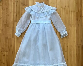 70s Vintage DORISSA OF MIAMI Light Blue Swiss Dot Ruffled Victorian Style Maxi Party Dress, Gunnie Sax Style, Flower Girl, Girls Size 6x