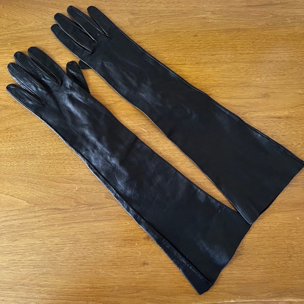 Vintage Long Black Leather Elbow Length Gloves, Size XS to Small