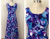 20 OFF Sale 60s Casual Girl Purple Floral Empire Waist Mod Hawaiian Dress, Size Medium