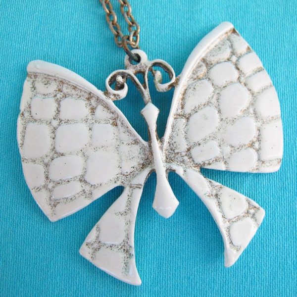 70's White Butterfly Pendant Necklace