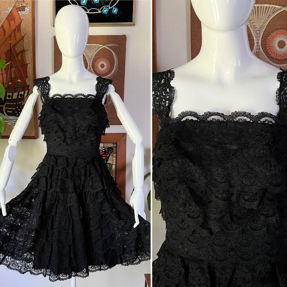 50s Vintage Rare FERMAN-O'GRADY Black Tiered Lace… - image 1