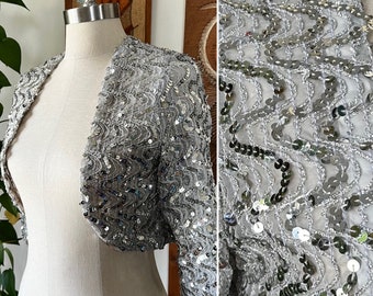 70s 80s Vintage Silver Sequin Cropped Shrug Jacket Size XS