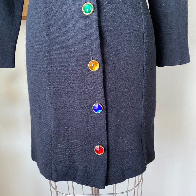 Size XS to Small 80s 90s Vintage Dawn Joy Fashions Black Multicolor Jeweled Long Sleeve Sheath Dress