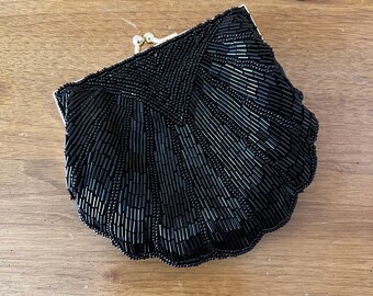 Vintage LA REGALE Art Deco Style Scalloped Shell Black Beaded Evening Bag with Strap