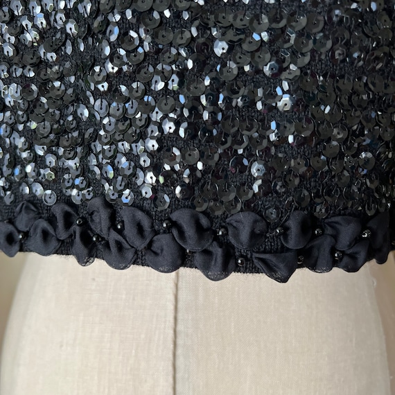 60s Vintage Black Sequin Beaded Floral Sweater Ve… - image 9