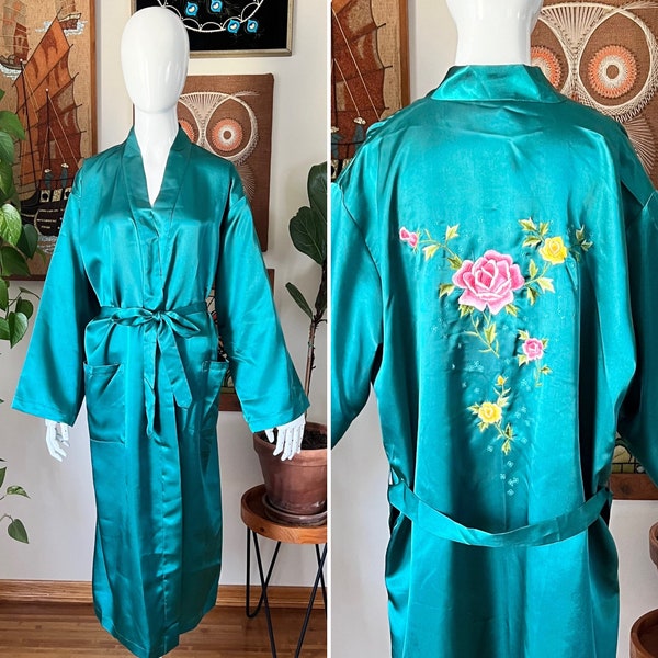 80s Vintage Courtney & Co. Teal Emerald Green Floral Embroidered Asian Style Robe, One Size, Up to Size Large