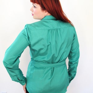 80s Shapely Green Silky Sexy Secretary Blouse, Size XL, Size 16 image 3