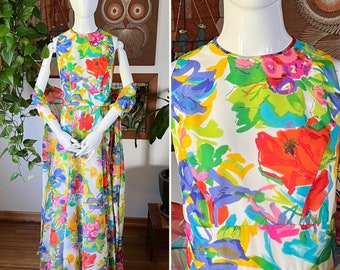 70s Vintage Multicolor Floral Sleeveless Maxi Dress with Matching Shawl Scarf, Special Occasion Dress, Size Small