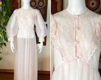 80s Vintage ILISE STEVENS Sheer Pastel Pink Lace Balloon Sleeve Peignoir Robe Size XS