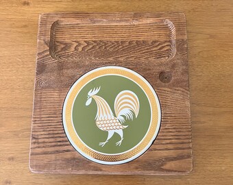 70s Vintage Golden Rooster Green Circle Tile Square Wood Cheese Board Charcuterie Cutting Board