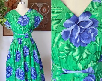 80s does 50s SPORT SEVEN Green and Purple Floral Cap Sleeve Fit and Flare Cotton Dress, Size Medium
