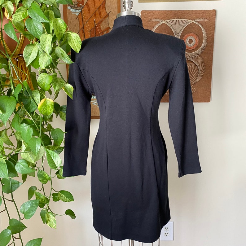 Size XS to Small 80s 90s Vintage Dawn Joy Fashions Black Multicolor Jeweled Long Sleeve Sheath Dress